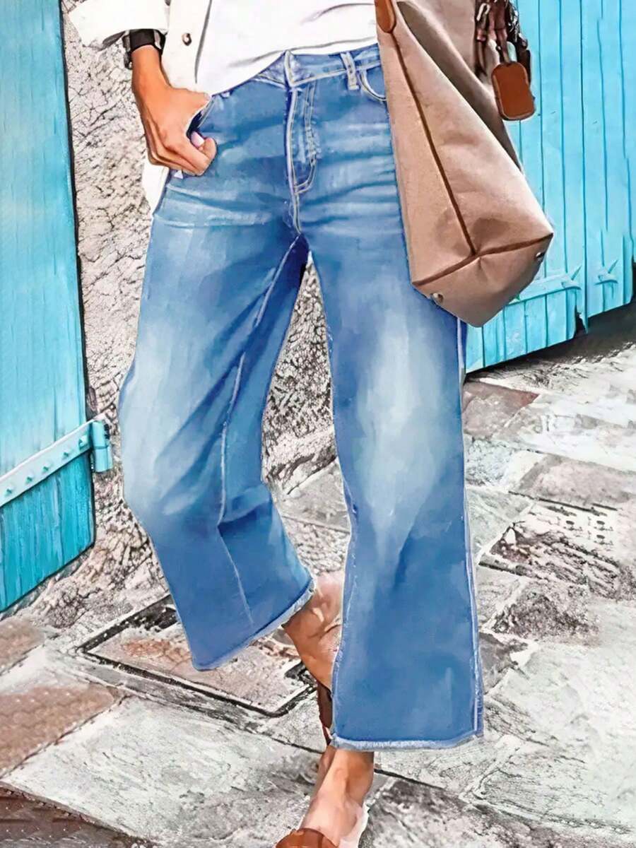 Jeans For Women Mid Rise Waisted Baggy Wide Leg Stretchy Denim Ankle Pants Cropped Jeans With Pockets - 藍色 - 查看 1