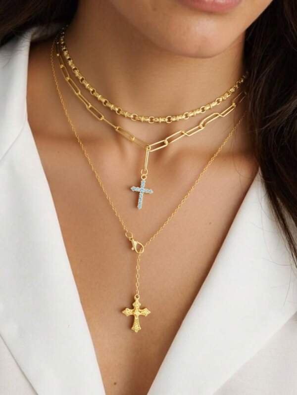 3 Stücke/Set handgemachte Halsketten mit goldenem Kreuz Anhänger, modischer einfacher Choker Halskette, geeignet für täglichen Gebrauch und Fotoshooting