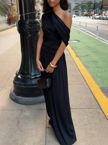 女士纯色斜领褶皱长连衣裙，修身显瘦，优雅性感派对礼服 - 黑色 - 查看 9