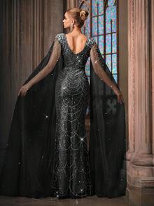 Elegante Damen-Abendkleider in Champagner mit Perlen und Pailletten, Meerjungfrau-Stil, formelle Abendkleider für Frühling und Sommer, Cocktailparty, Hochzeitsgast, Maxikleider für Gala, Bankett und Abendessen - Schwarz - Übersicht 2