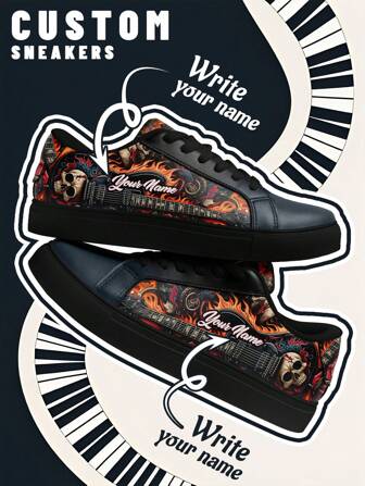[Rockmuziekfestivalthema] Lage sneakers met aangepaste naam, PU-bovenpaneel, schedel- en gitaarvlamprint, lichtgewicht unisex casual kleding voor alle seizoenen