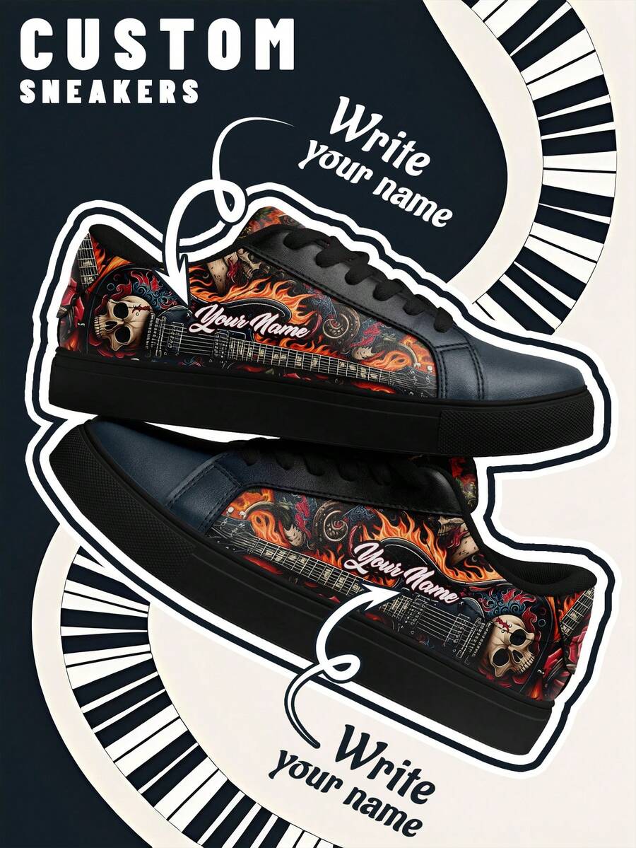 [Rock Music Festival Theme] Women's Custom Name Low-Top Sneakers, PU Upper Panel Shoes, Skull And Guitar Flame Print, Lightweight Unisex All-Season Casual Wear