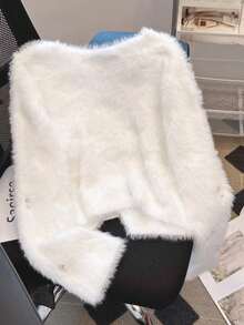 女士柔软仿貂绒毛外套 秋冬万圣节/圣诞节毛绒针织开衫 甜美长袖外套 - 白色 - 查看 3