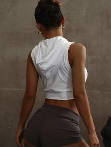 Women's White Fashionable Hooded Drawstring Sleeveless Letter Print Sports Top