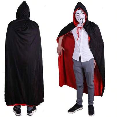 1 peça fantasia de Halloween cosplay anjo da morte vampiro capa com capuz, acessório de baile de máscaras preto e vermelho para festa adulta, roupão de capa de Natal para 7+ anos