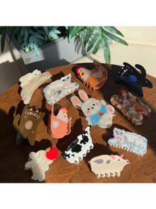 1pc Oversized Acetate Cute Curly Perm Cat & Goldfish Bowl Hair Claw Clip, Matte Anti-Slip Everyday Hair Accessory, Beautiful Gift Hair Accessories Animal Hair Clips, School Stuff, College