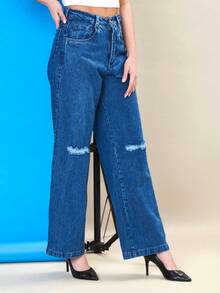 Women's Wide Leg Jeans With Ripped Knee, Marbled Wash With Hem ALIANZA JEANS - Medium Wash - View 5
