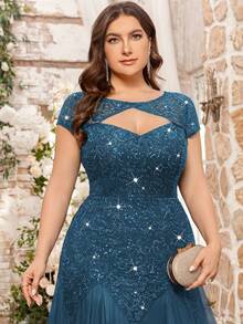 Elegant Sequin Floral Lace Contrast Color Mesh Ruffle Hem Maxi Dress, Suitable For Evening Gala, Homecoming, Wedding Guest, Birthday, Graduation Ceremony And Other Occasions - Dusty Blue - View 8