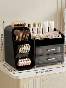 Makeup Organizer With Brush Holder, Drawers, Countertop Storage Organizer, Makeup Organizer Cosmetic Storage For Vanity, Makeup Brushes Storage, Skin Care Storage, Perfect Storage For Lipsticks, Eyeshadows, Nail Polishes, Perfumes, Bathroom & Bedroom Storage, Valentines Gift - 黑色 - 查看 6