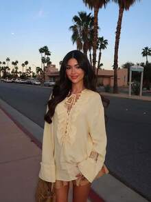 MUMRAP Women Fashion Solid V Neck Ruffles Shirts Summer Lace Up Loose Long Sleeve Blouse - Màu vàng - Xem 6