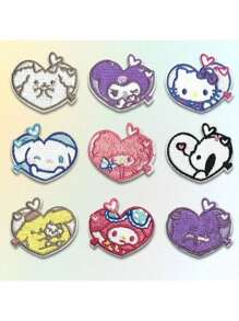 Sanrio 9pcs Sanrio Heart-Shaped Applique Patch Set, Featuring Hello Kitty And Friends Embroidery Iron-On For Jackets, Jeans, Dresses, Backpacks, And Hats - Anime Themed Decorative Patches