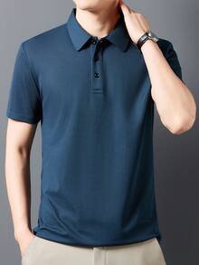 Men's Solid Color Wide Placket Waffle Pineapple Pattern Short Sleeve Polo Shirt, Casual Lightweight Business Formal Attire - Blue - View 5