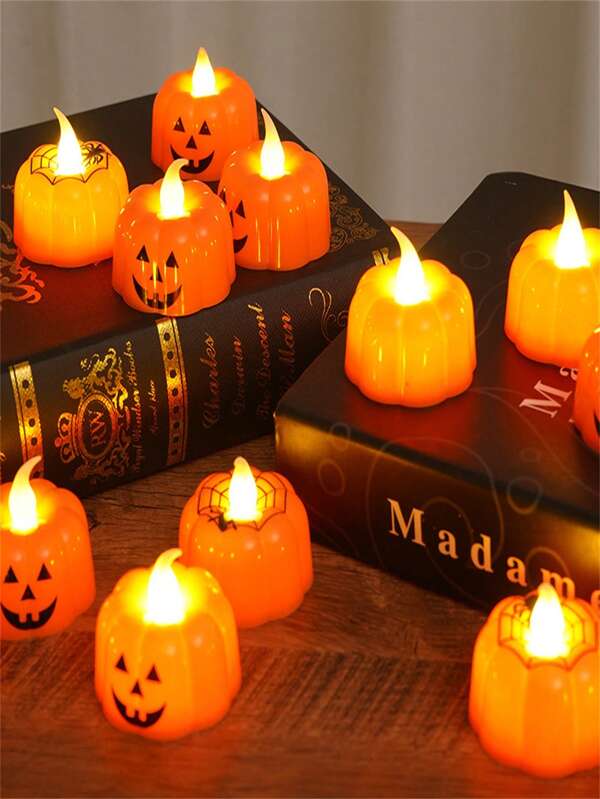 6/12pcs Pumpkin Festive Halloween Glow Candles: Pumpkin Candles With Jack-O'-Lantern Faces And Spider Webs - Perfect For Party Decorations And Haunted House Themes Fall Decor Autumn Decor