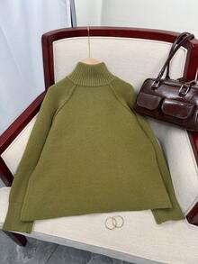 Áo khoác len dệt kim dáng rộng Wixra Hàn Quốc, cổ đứng, tay áo raglan, thiết kế khóa kéo hai chiều, màu trơn, kiểu dáng sinh viên, thiết yếu cho việc mặc nhiều lớp vào mùa thu/đông - màu xanh lá - Xem 7