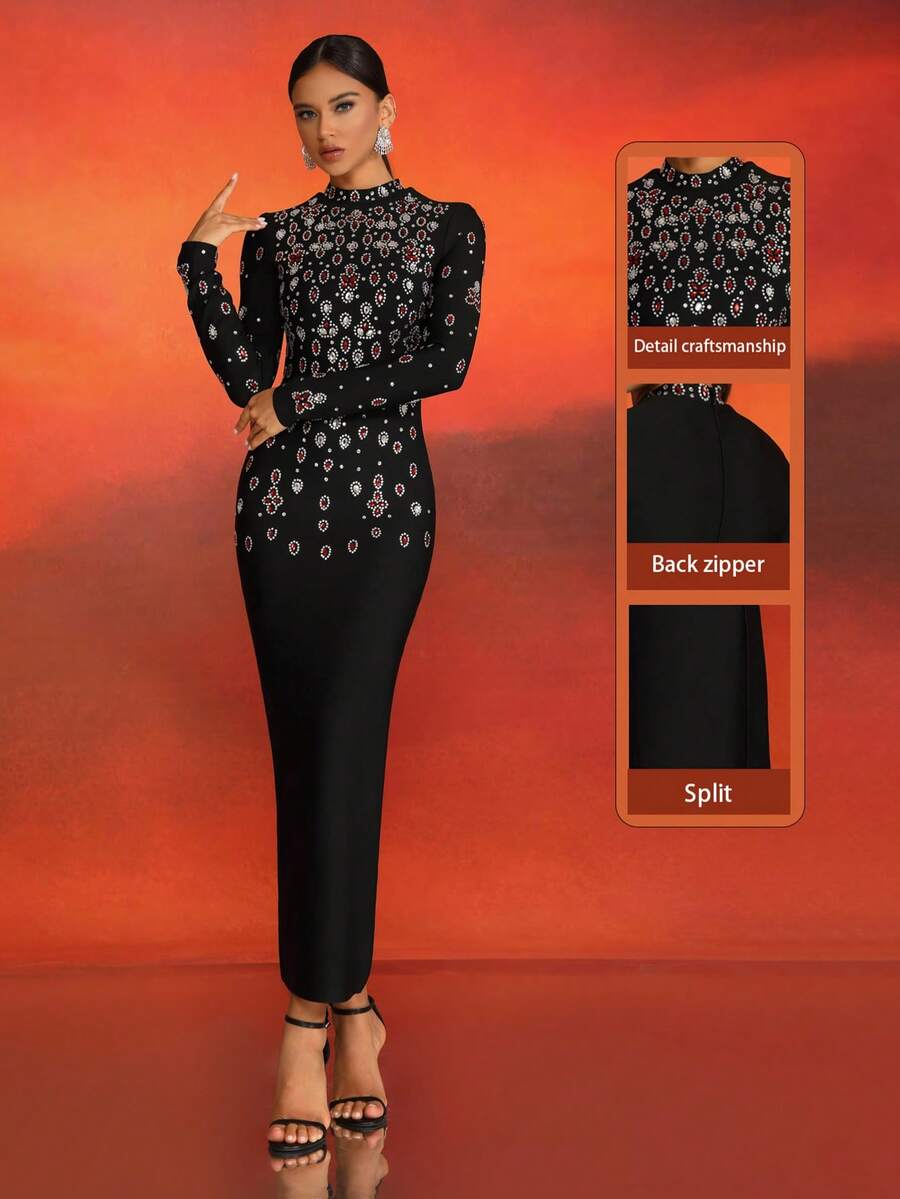 Love Aing 女式黑色长袖正式晚礼服，带水钻装饰，奢华宴会，优雅商务礼服