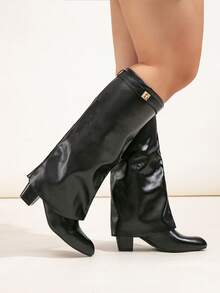 Giày bốt cao cổ giả da bản rộng dành cho nữ, cổ gập, gót dày, bốt cao đến đầu gối gợi cảm cho hoạt động ngoài trời, gót rộng, vừa vặn với ống quần rộng. - màu đen - Xem 7