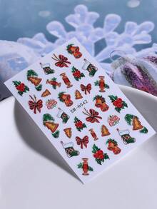 2 件圣诞树闪光蝴蝶结铃铛袜子糖果贴纸指甲贴花 3D 闪光节日 DIY 自粘指甲贴花艺术设计美甲装饰节日礼物送给女士女孩