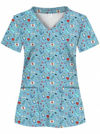 Blusa de mujer con estampado de herramientas pequeñas en azul claro, cómoda camiseta con 2 bolsillos, adecuada para profesionales de la salud - Uniforme suave, transpirable y práctico para hospitales, clínicas dentales, salones de belleza e instituciones, ropa de trabajo para enfermería