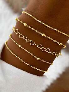 11/10/5pcs Fashionable Minimalist Elegant Airplane Chain Heart Multi-Layer Bracelet Set, Women Vacation Date Party Gift Versatile Daily Wear - Yellow Gold - View 12