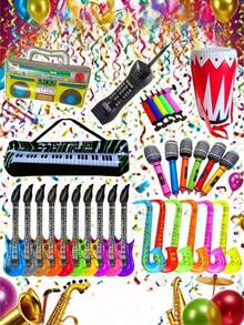 Conjunto de accesorios inflables de banda de rock: Guitarra, Saxofón, Micrófono, Teclado - Decoraciones retro de los años 80 y 90 para fiestas temáticas, festivales, eventos y fondos para photobooth - Multicolor - Ver 4