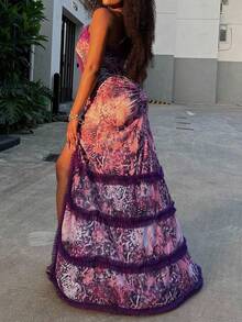 Purple Dresses For Women Sexy Sleeveless Lace Hem Deep V Neck Cocktail Dress Strapless Spaghetti High Slit Long Dress 2024 Fall & Winter Christmas Party Gifts - Màu tím - Xem 4