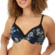 Maidenform Women's Comfort Devotion Underwire Bra, Full Coverage Convertible T-Shirt Bra - 黑色和海軍藍花朵印花 - 查看 1