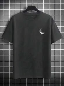 Camiseta de Manga Corta con Estampado Gráfico para Hombre - Top Casual Negro de Cuello Redondo con Ajuste Holgado Hecho de Tela de Poliéster Duradera, Lavable aáquina para Verano al Aire Libre, Motivo de Luna y Árboles |   Ropa ligera - Blanco - Ver 10