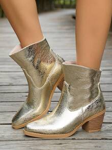 Women's European & American Style Pointed Toe Platform Short Boots, Autumn/Spring, Chunky Heel, Versatile, Plus Size - Gold - View 1