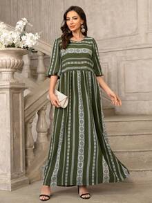 条纹几何印花正式晚礼服 - 軍綠色 - 查看 1