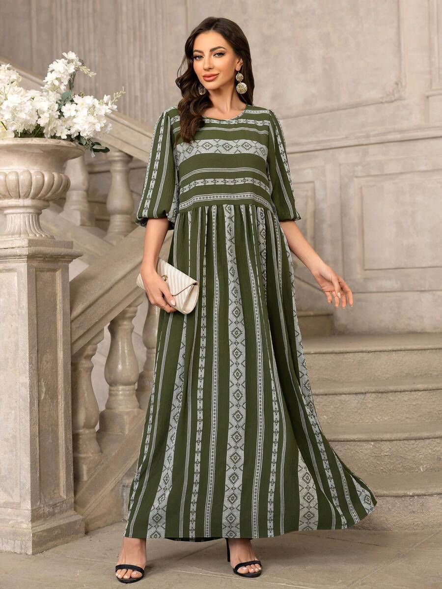 条纹几何印花正式晚礼服 - 軍綠色 - 查看 1