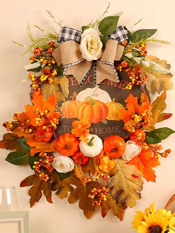 1 pieza Decoración del Festival de la Cosecha Guirnalda de calabaza de madera de 45 cm, Cartel de jardín de Acción de Gracias, Regalo de decoración clásica del hogar