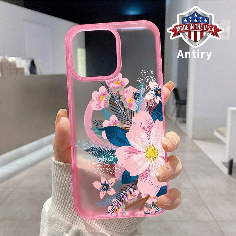 Floral Delight Harmony Pattern Case For IPhone 16 Pro Max 16e 15 Plus 14 13 12 11 XS Max XR X Plus Shockproof Anti-Scratch Durable Non-Yellowing Matte Translucent Back Protective Colorful Border Cellphone Cover Gift - Pink - View 1