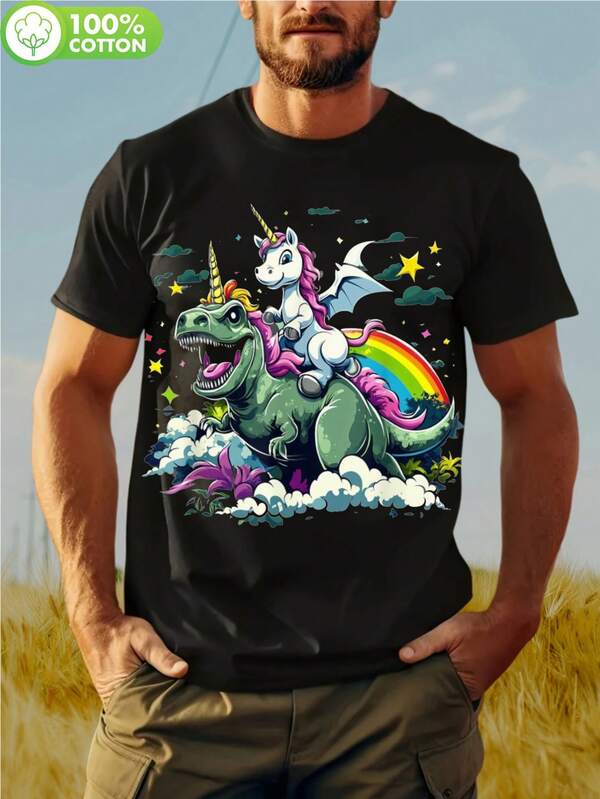 Camiseta Gráfica Riding-Rex para Hombre y Mujer - Divertido T-Rex Montando a Caballo con Arcoíris, Estrellas y Nubes - Camiseta Casual de Algodón 100% Suave y Transpirable para Parejas, Fiestas de Cumpleaños, Eventos Temáticos - Idea de Regalo Original con Diseño de Dinosaurio, Ocasiones Divertidas, Temática de Fantasía, Impresión de Calidad, Camiseta de Manga Corta, Ropa para Parejas