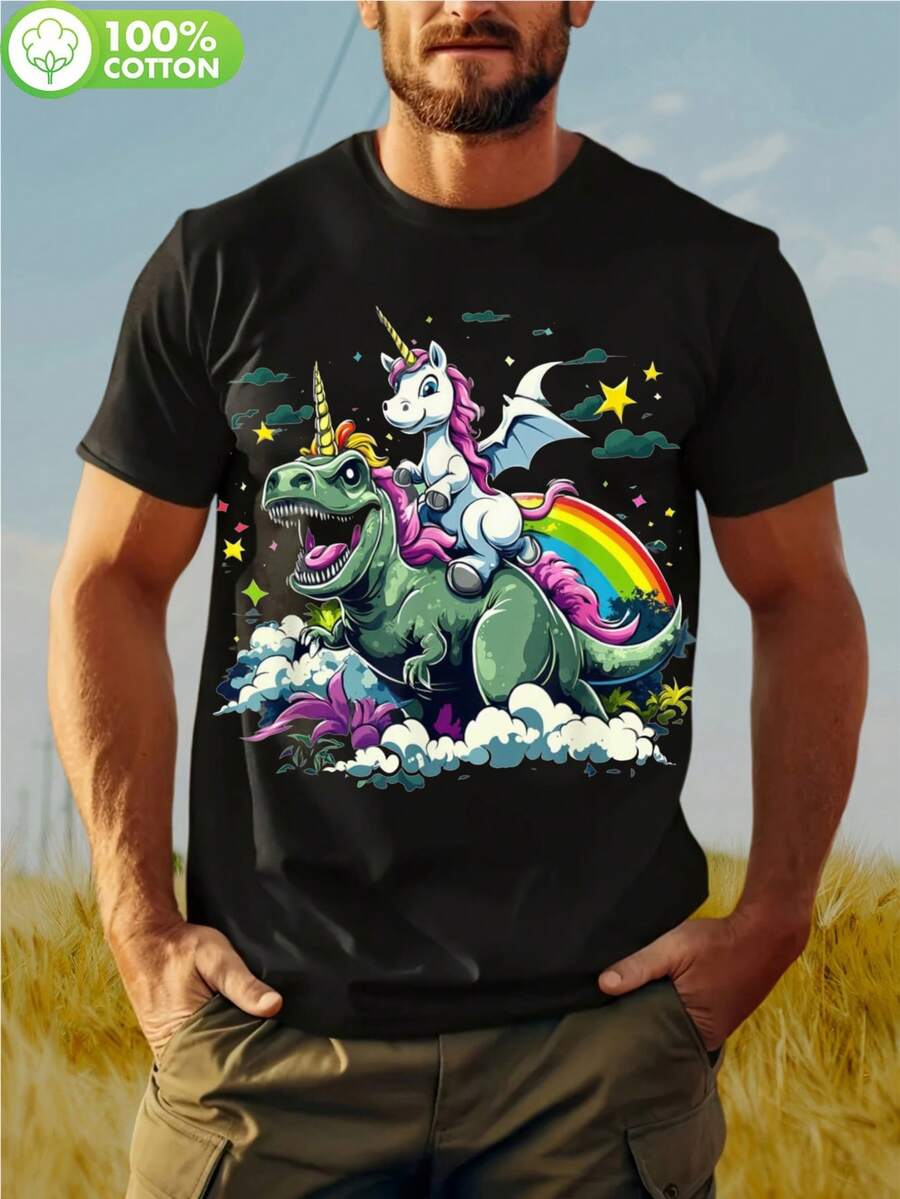 Camiseta Gráfica Riding-Rex para Hombre y Mujer - Divertido T-Rex Montando a Caballo con Arcoíris, Estrellas y Nubes - Camiseta Casual de Algodón 100% Suave y Transpirable para Parejas, Fiestas de Cumpleaños, Eventos Temáticos - Idea de Regalo Original con Diseño de Dinosaurio, Ocasiones Divertidas, Temática de Fantasía, Impresión de Calidad, Camiseta de Manga Corta, Ropa para Parejas - Negro - Ver 1