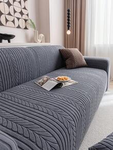 1pc Stretch Sofa Cover With Leaf Pattern - Machine Washable, Non-Slip Couch Protector For Living Room, Fits Single To Four-Seater Sofas, White Textured Fabric For All Seasons, Living Room Essentials | Minimalist Sofa Cover | Snug Fit Cover, Couch Covers For Sofa - Dark Grey - View 6