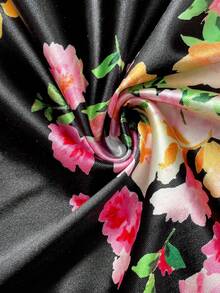 女款優雅日常長袖花卉印花長洋裝，寬鬆A字版型腳踝長度，柔軟透氣面料休閒穿搭，春/夏 - 黑色 - 查看 11