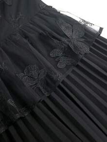 Plus Size Women Black 3D Butterfly See Through Peplum Dress Long Sleeve Elegant Pleated Evening Party Dress - Black - View 6