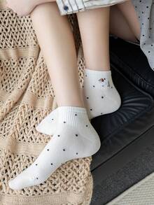 3 Pairs Women Black, White & Gray Combination Ankle Socks, Cute Dachshund Embroidery, Ribbed Design, Breathable Knit Fabric, Minimalist & Cute Style, Suitable For Home, Commute, Dating, Holiday Gift