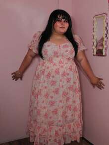 Enliva 加大码波西米亚风夏季浪漫雪纺花卉印花连衣裙，带褶边和下摆，女装 - 粉色 - 查看 7