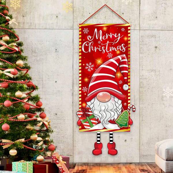 1pc/260pcs Christmas Theme Hanging Flags, Christmas Party Door Hanging Decorations Flags, Gnome Christmas Tree Design Polyester Hanging Flags, Suitable For Christmas Party Indoor And Outdoor Decoration, Living Room Decoration, Christmas Party Restaurant Decoration, Party Atmosphere Decoration, Christmas Promotion, 2025 Christmas
