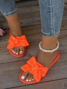 女士平底亚麻凉鞋，蝴蝶结一脚蹬夏季橙色舒适拖鞋，经典圆头，夏季可爱波西米亚风格
