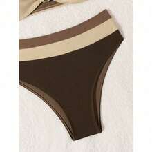Women's High-Waist Bikini Set – Neutral Bandeau Top With Metal Accent, Stylish And Flattering Beach Swimwear,Slim Fit Runs Small Recommend Order One Size Up, Tummy Control Waist Ruched Cinching, Swimwear For Beach Vacation & Pool Party - 棕色 - 查看 4