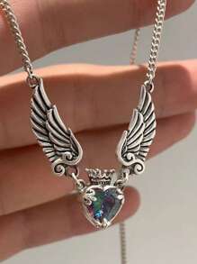 1件彩色心形水晶几何优雅天使翅膀项链，男女皆宜的个性化珠宝，适合圣诞节、万圣节、情人节、感恩节等场合，西部风格天使皇冠项链配饰