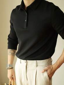 男士长袖 Polo 衫，针织柔软面料，时尚百搭，春秋季 - 黑色 - 查看 3