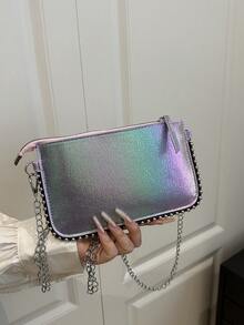 女士拼布串珠链条肩带斜挎包，复古彩色激光仿金属派对信封手拿包 [颜色随机] - 彩色 - 查看 2