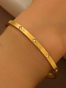 3 件不锈钢金色手链套装 18K 真空电镀，不易褪色，镶嵌锆石，适合日常佩戴，时尚优雅女士手链套装，珠宝女士手链配饰女士不锈钢珠宝女士手链西方珠宝 - 金黃色 - 查看 7