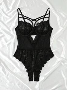 Mono de lencería sexy con encaje calado y contraste para mujer de talla grande