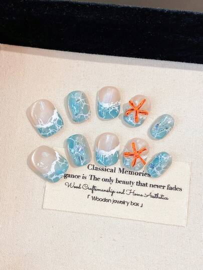10pcs Handmade Nail Stickers, Summer Ocean Fantasy 3D Shell Nail Stickers, Including Beach, Wave, Starfish, Beach Resort Designs, Suitable For All Ladies And Girls For Daily Wear And Party, Nail Art Supplies Handmade Press On Nails