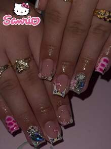 24 件/套短方形法式指甲贴白色图案，可爱 Sanrio Hello Kitty 3D 花卉珍珠闪光设计，适合日常佩戴、派对，包含 1 件果冻胶和 1 个指甲锉