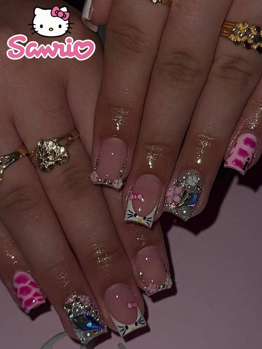 24 件/套短方形法式指甲贴白色图案，可爱 Sanrio Hello Kitty 3D 花卉珍珠闪光设计，适合日常佩戴、派对，包含 1 件果冻胶和 1 个指甲锉
